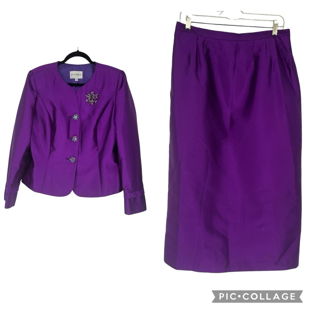 NEW Lily & Taylor Silk Wool Skirt Suit Sz 12 Purple Embellished Jacket Formal
